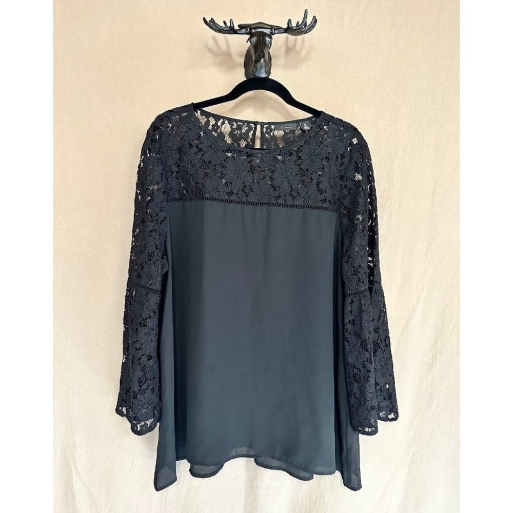Halogen‎ Black Lace & Crepe Bell Sleeve Blouse